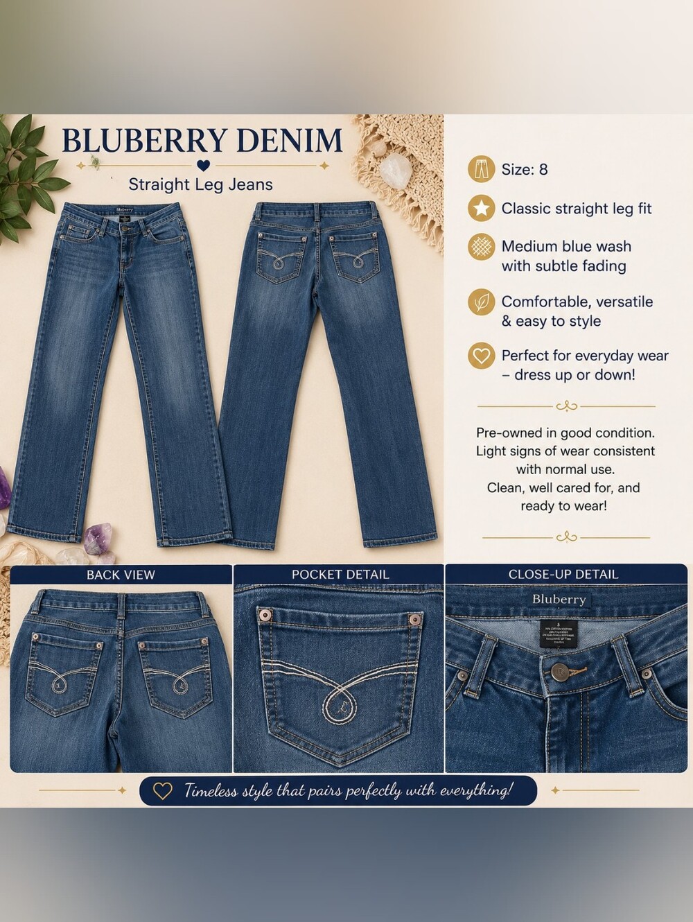 Women's Medium Blue Straight Leg Jeans - Size 8